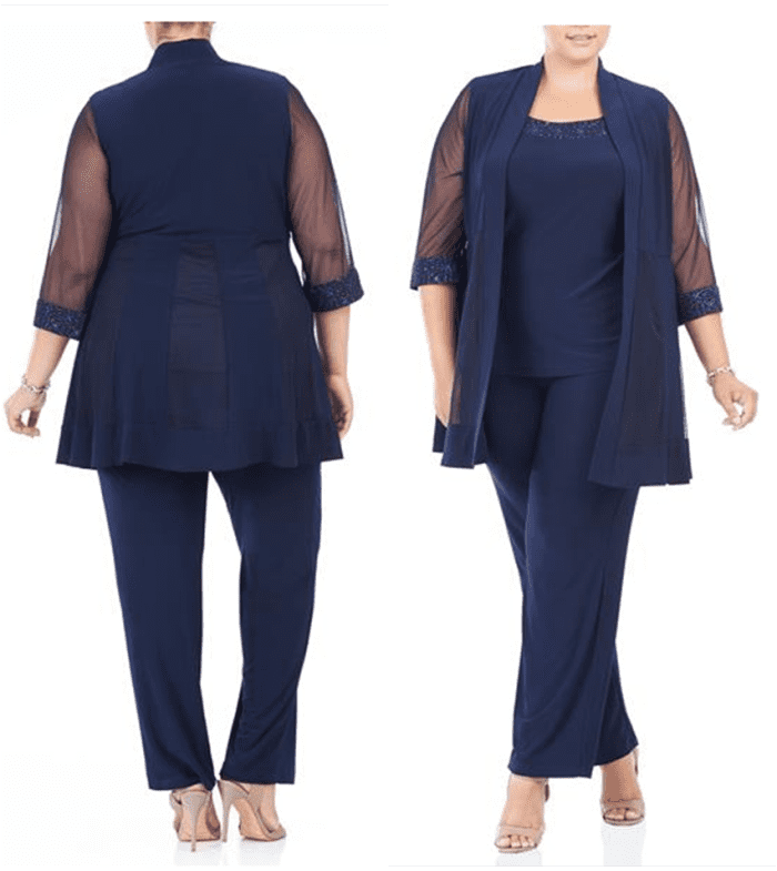Three-piece pantsuit with glitter details and mesh sleeves