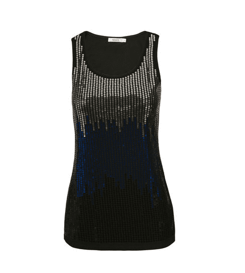 Scoop neck tank with ombre sequin pattern. Can be dressed up or down.