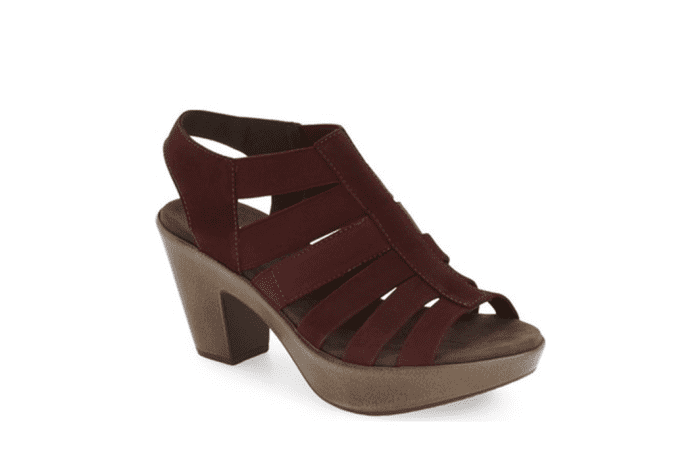 Stylish platform sandal with chunky heel and slingback strap. The molded and shock-absorbing sole make it comfortable. Mix of leather and elastic laddered straps, 3 inch heel, 1.5 inch platform.