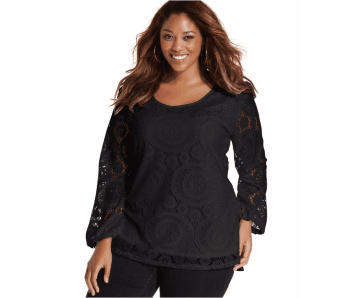 Easy-fit long-sleeved blouse with lace overlay and scoop neck