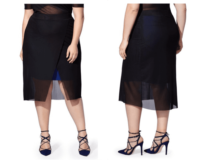 For those with lovely legs, this vibrant stretch-knit skirt with asymmetrical black-mesh overlay wrap is for you.