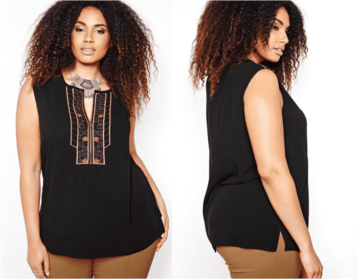 Loose-fitting tank top with embroidery and beads,  scoop neck with functional zipper, and side slits