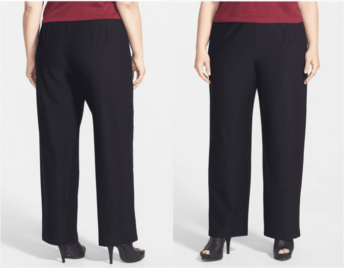 Casual yet elegant pull-on straight-leg pants with elastic waistband, and no pockets (70% viscose rayon, 24% nylon, 6% spandex)