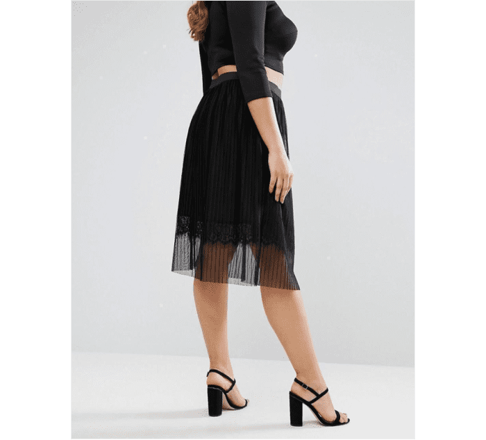 Midi skirt with sheer pleated tulle, lace underlay, and high-rise waist
