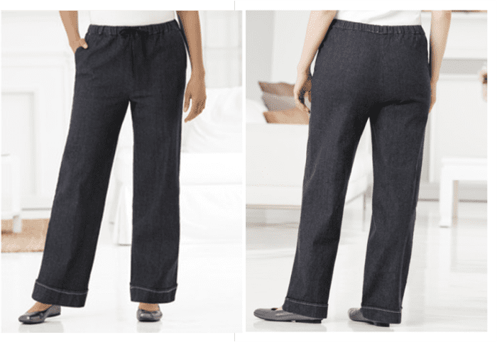 Comfy, stretchy wide-legged denim pants with all around elastic waist, drawstring, slash pockets, and stitched cuffed hem 