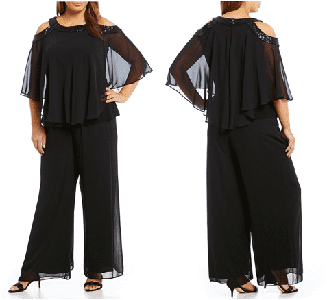 Evening pant set with chiffon popover capelet, cold-shoulder sleeves, and sequin trim at neck and shoulder