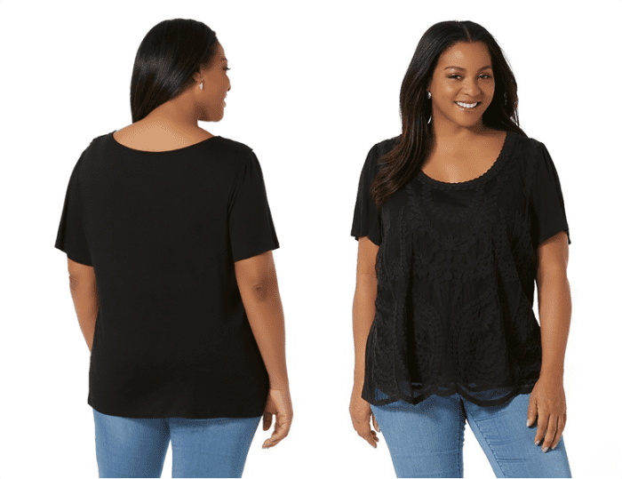 Lace-trim top in a lightweight rayon knit with floral lace overlay, scalloped hem, gathered shoulders and deep scoop neck