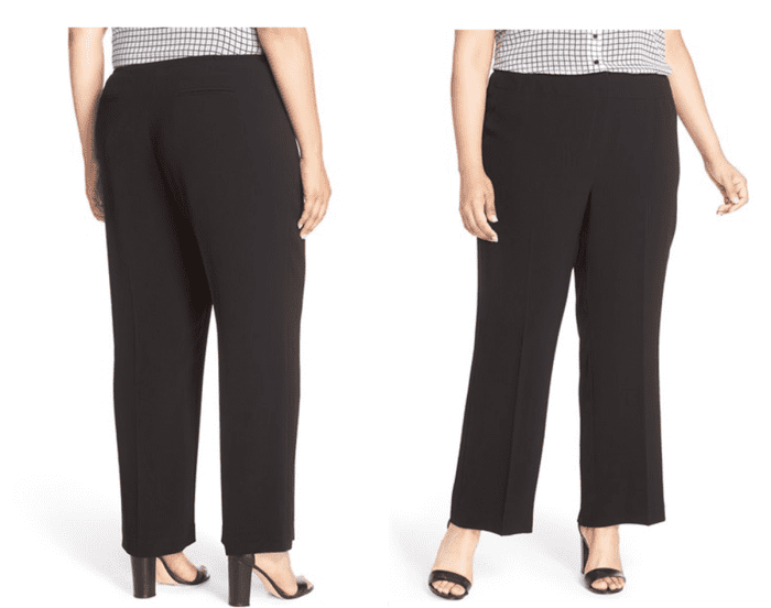 Classic straight-leg cut pants tailored for a smooth, clean fit in any-season crepe. Elastic insets discreetly hidden at the side waist, zip-fly with hook-and-bar closure, and back welt pockets.