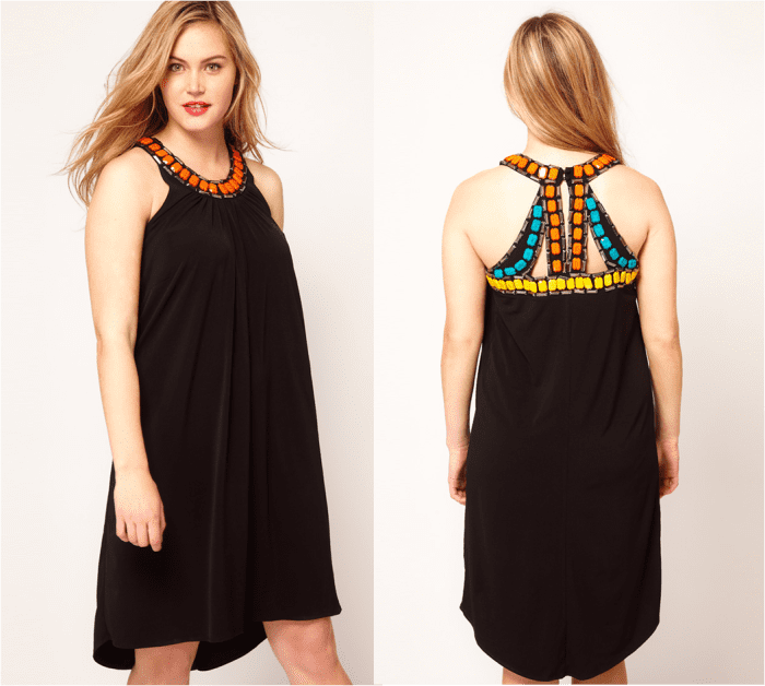 Relaxed jersey sleeveless swing dress with scoop neckline with beaded embellishment, cutout back with an embellished beaded trim, and a dipped reverse hem