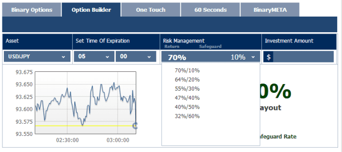 The option builder tool allows some flexibility. This trade expires in 5 hours, all that is left is to choose a risk/reward from the drop down and then buy an option.
