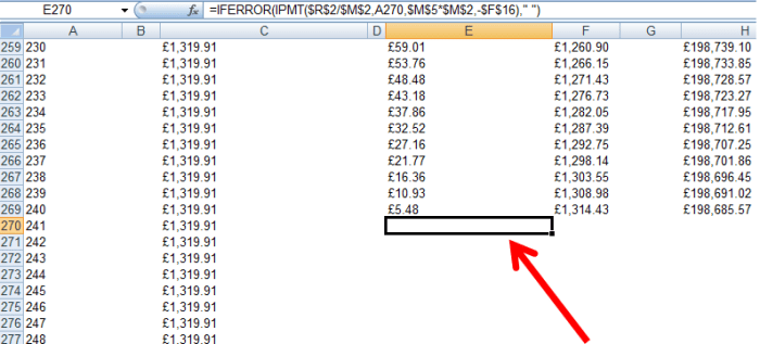 Populating rows with formulas with the IFERROR function suppressing errors in Excel 2007 and Excel 2010.
