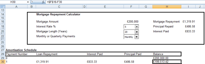 Calculating the balance of the loan or mortgage in an Amortization schedule created in Excel 2007 and Excel 2010.