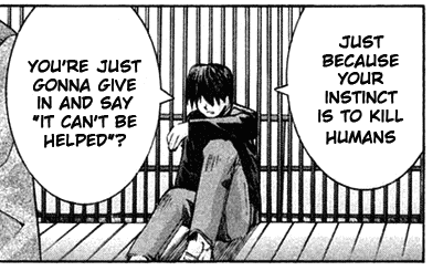 Lucy is convinced that she's violent because she's a homo diclonius. In talking with our hero, kouta, he addresses that charge