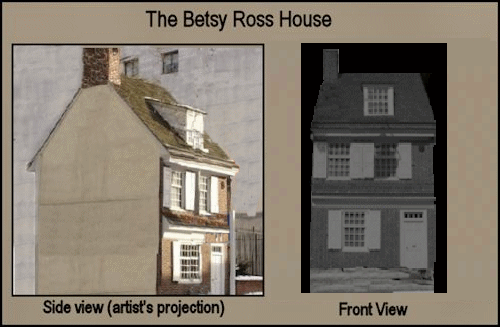 left side: artist's rendering of proposed side view using modern renovated image, right side: front view circa 1895