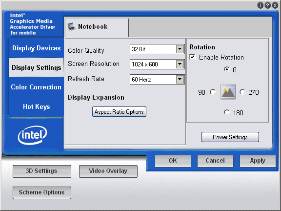 az Intel GMA video adapter beállításainak megjelenítési beállításai lap.