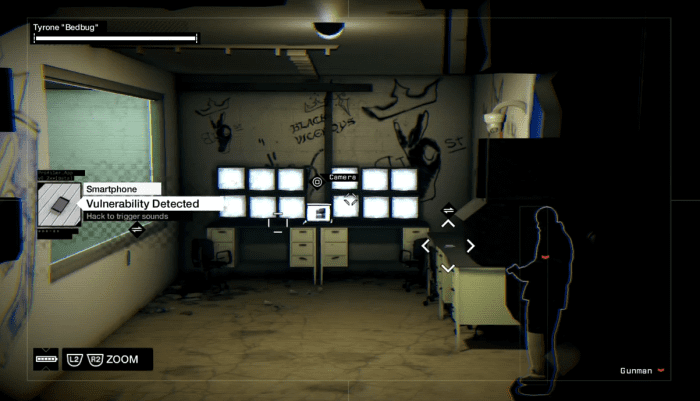Aiden, peering through a security camera, takes in the layout of the Rossi-Fremont building during the Planting a Bug mission of Watch_Dogs.