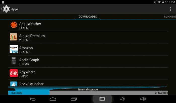 BEFORE: All apps stored in internal memory, the default and only option that my Apex TM772 tablet uses.