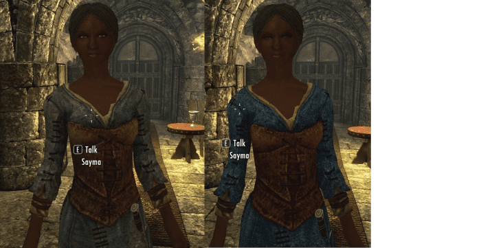 A waitress in Skyrim before installing the Improved NPC Clothing mod (left) by BaronDavid and afterwards (right) to illustrate the improvements. Picture courtesy of Skyrim Nexus, Bethesda and Zenimax.