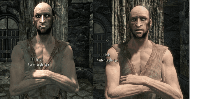 A beggar in Skyrim before installing the Improved NPC Clothing mod by BaronDavid (left) and afterwards (right) to illustrate the improvements. Picture courtesy of Skyrim Nexus, Bethesda and Zenimax.