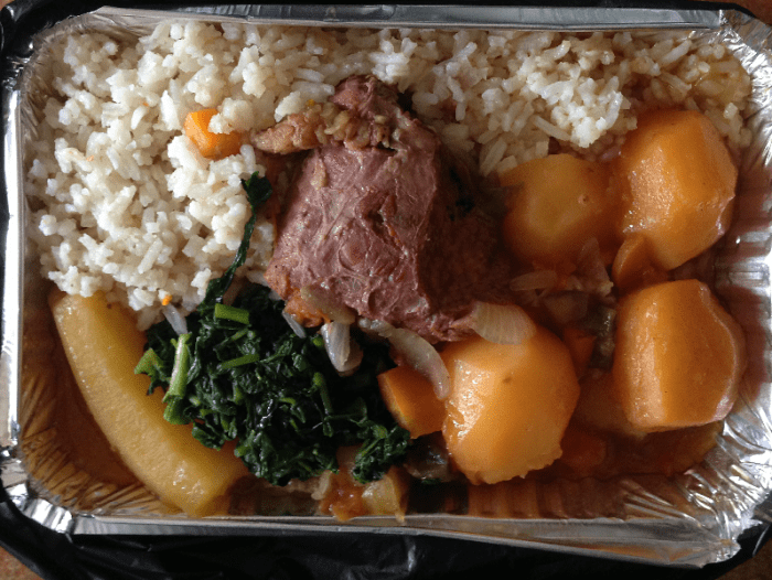 Katogo, a mixture of rice, banana, leafy greens, irish potatoes, beef or offal, is a favourite breakfast for Ugandan people