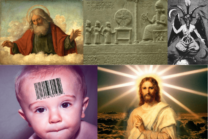 Clockwise: God, an Anunnaki upon his throne, the Demiurge, the Christ consciousness, and a genetic modified human specie.