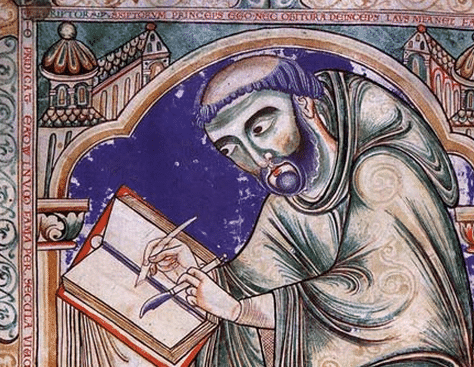 A scribe sets down the year's events. Entries were made at five religious houses across the several kingdoms that became England by Aethelstan's reign (mid-late 10th Century), relating events fraught with the difficulty of uniting disparate peoples