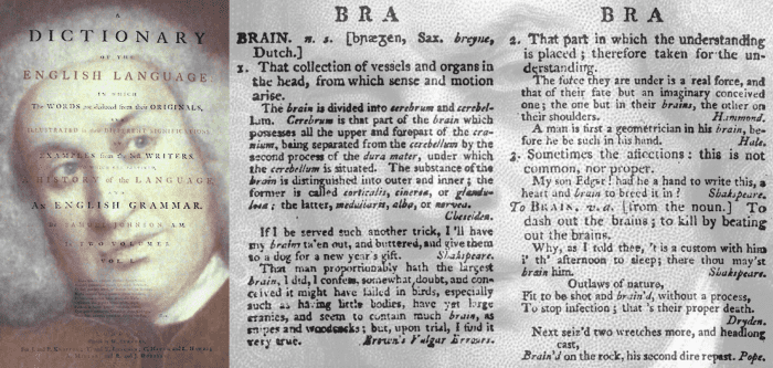 An excerpt from Dr Samuel Johnson's famous dictionary of the mid-18th Century. His work took him several decades to compile before he was ready to publish