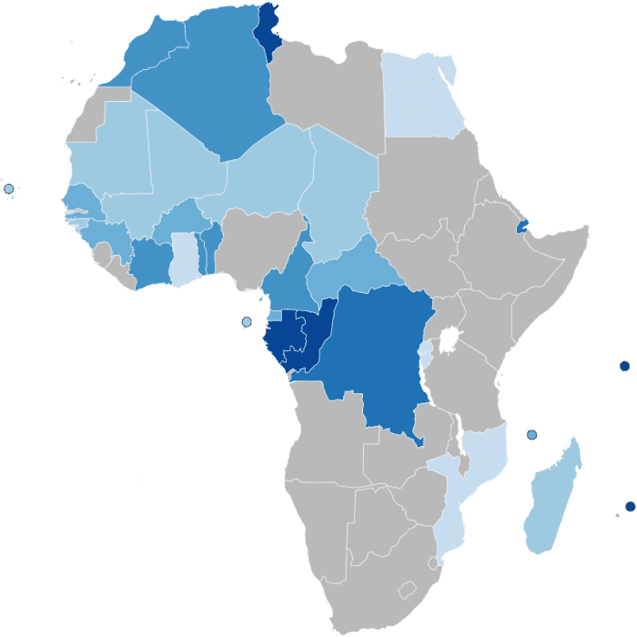 A map of Africa with the percentage of the population speaking French. Lightest blue = 0-10% french Very light blue = 11-20% french Light blue = 21-30% french Blue = 31-40% french Dark blue = 41-50% french Darkest blue = 50% frech