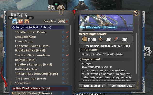 Blue Mage Log Weekly Prime Target.