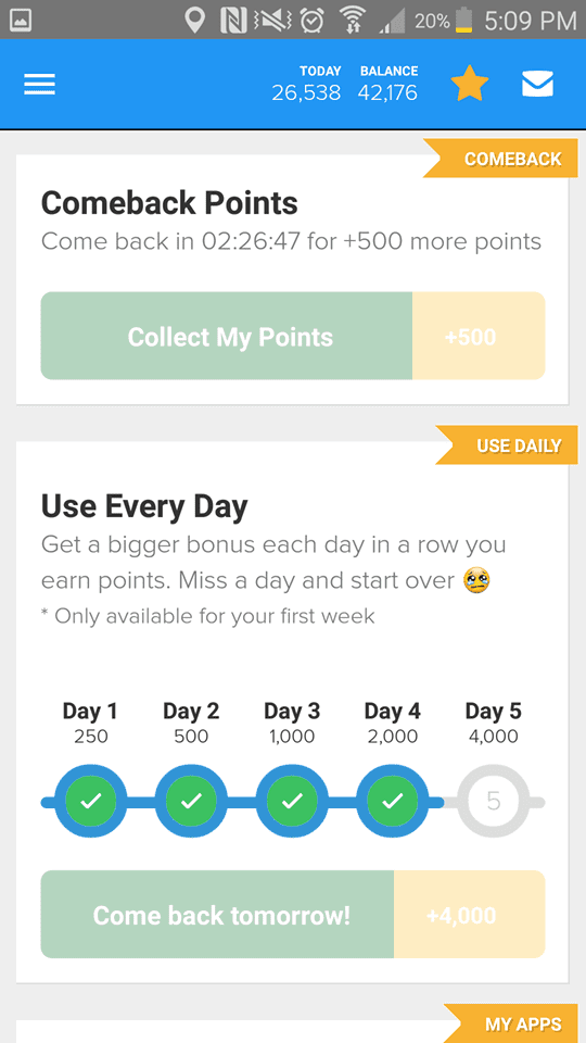 Here you can see how the app looks opened with your check-in streak and time period bonuses.