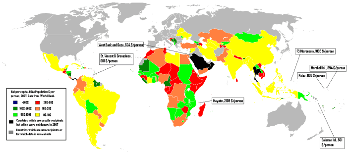 WORLD MAP OF AID RECIPIENTS (THE DARKER THE COLOR THE MORE AID IS RECEIVED FROM DEVELOPED COUNTRIES EXCEPT THE BLACK, WHICH HAVE NO DATA AVAILABLE)