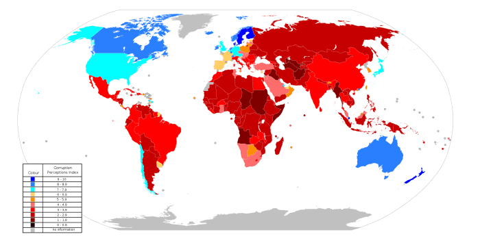 WORLD MAP INDEX OF CORRUPTION (DARK BLUE FOR THE LEAST CORRUPT; RANGING TO DARKEST RED FOR THE MOST CORRUPT)