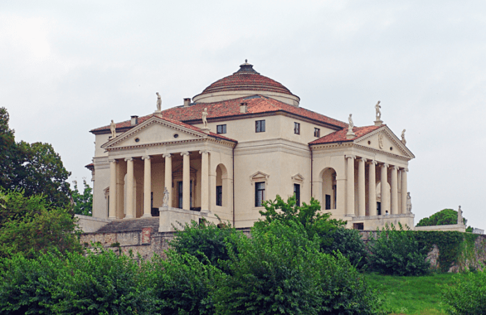 Villa Capra La Rotunda Architect: Andrea Palladio (1508-80) Notice the four identical facades each with a temple-like portico. It is a centrally planned house with a domed central hall.