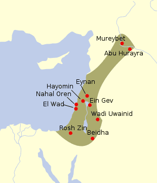 The highlighted part of this map of the Middle East shows sites where Natufian artefacts have been found, dating to between 13,000-9000 years ago.