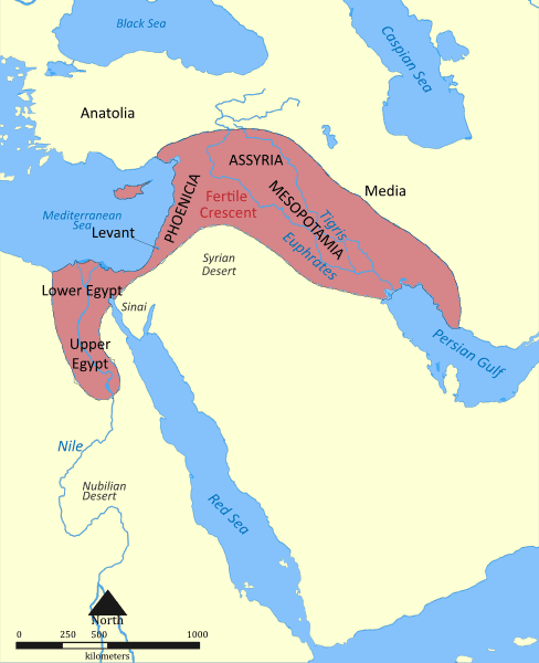 The area marked in red is known as the Fertile Crescent and marks the birthplace of agriculture. It's also still a place where one can find wheat, rye and barley growing naturally.