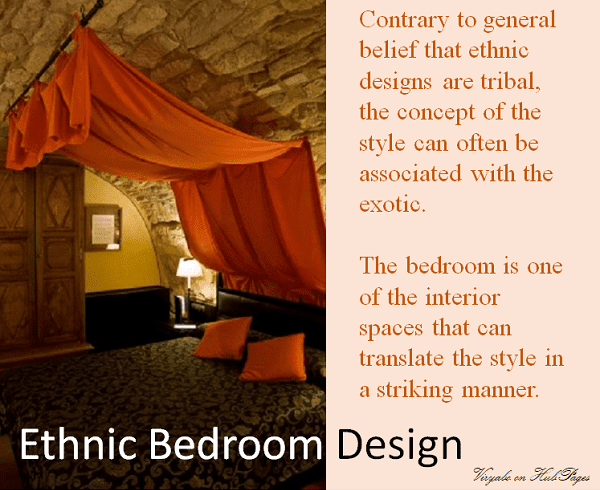 An ethnic bedroom design with stone wall/ceiling, and a brightly coloured bed canopy draped in tribal fashion.