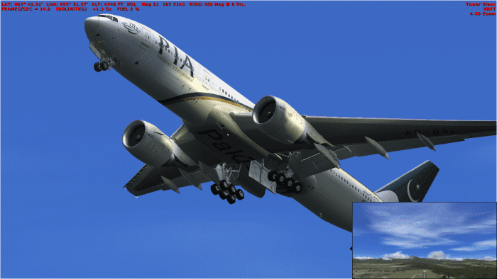 Just took off in this Boeing 777-200ER aircraft in fsx. My laptop with an i3 processor gives up to 35 frames per second.