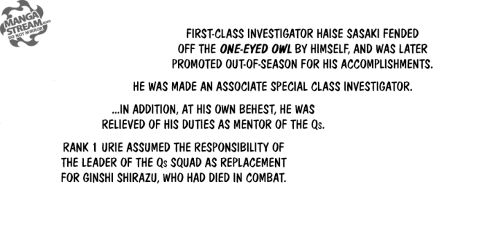 Haise Sasaki/Ken Kaneki is promoted to Associate Special Class after fending off the One-Eyed Ghoul.