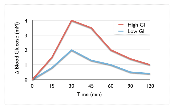 changes in blood sugar levels brought about by high GI and low GI foods