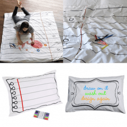 Doodle Duvet and Doodle Pillow Case. Write on them with a washable fabric pen. Wash and re-use over and over. This and more drawing games for kids!
