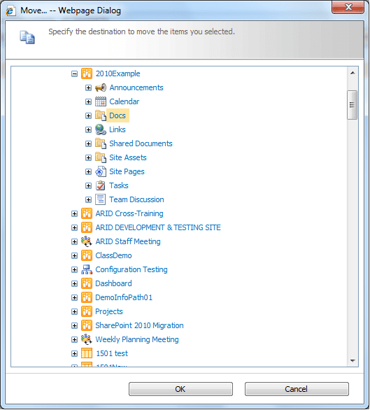 In Content and Structure, select the destination location to move the item / document