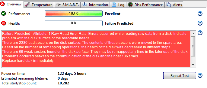 Hard Disk Sentinel for Windows watches over your disk drive and alerts you when it is time for replacement