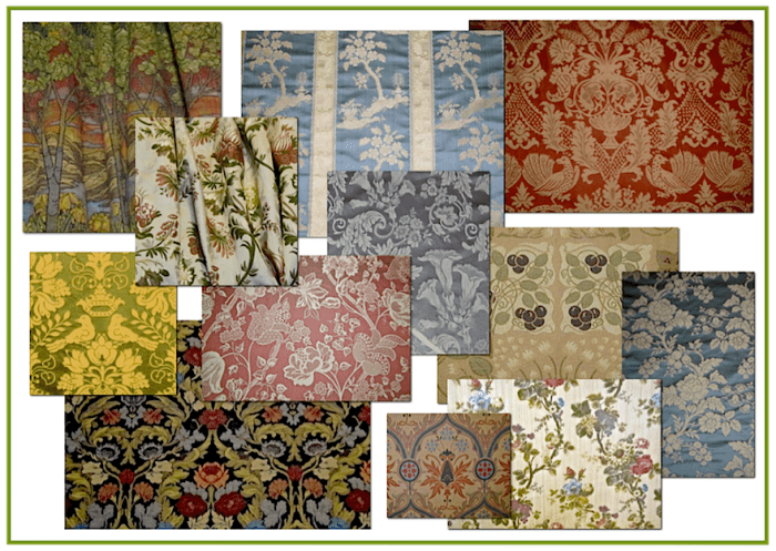 A sampling of fabrics woven on a jacquard loom. Copyright 2014 RestorationFabricsandTrims.com. All Rights Reserved. Used with permission.