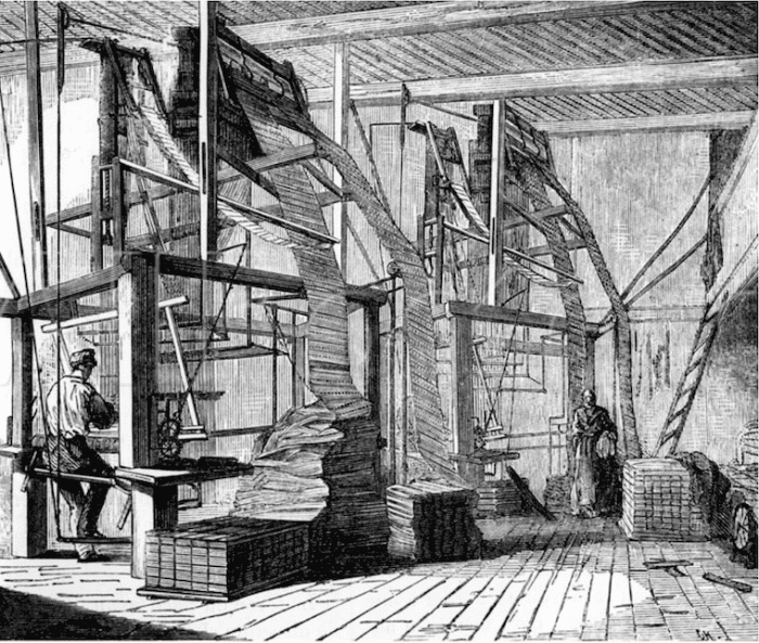 Silk weavers using a Jacquard Loom. The mechanism with the rows of hole punched cards that sits on top of the loom is Jacquard's ingenious invention. 19th Century Engraving in the Public Domain. From The Bridgeman Art Library collection.