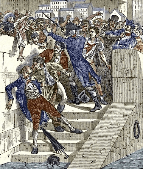 Mob Attacking Jacquard in Lyon, France. Artwork from Les Martyrs de la Science (G. Tissandier, 1882)
