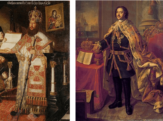 Patriarch Nikon (born Nikita Minin) Public Domain and Peter the Great from Wikimedia Commons