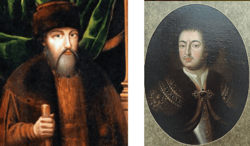 The only picture of Tikhon Streshnev at Wkipedia.ru and one of many of Peter the Great photographed by Shakko from: Wikimedia Commons. The pictures are done in the style of a parsuna, before the more realistic portraits. It is a bit difficult to know