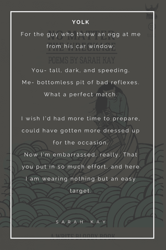 "You—tall, dark and speeding. Me—bottomless pit of bad reflexes. What a perfect match. I wish I had had more time to prepare, I could have gotten dressed up for the occasion."