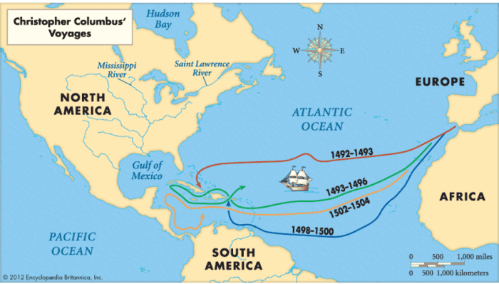 Source 4: A map of Christopher Columbus’ voyages from Spain to The Americas. (Encyclopedia Britannica 2012)