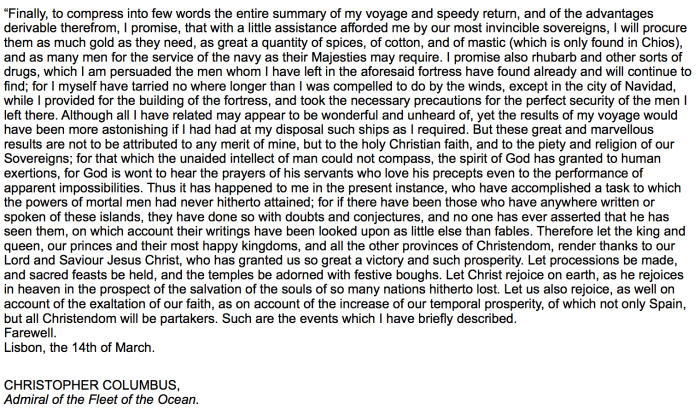 Source 5: Letter addressed to the noble Lord Raphael Sanchez, Treasurer to their most invincible Majesties, Ferdinand and Isabella, King and Queen of Spain, by Christopher Columbus, (14th March 1492)